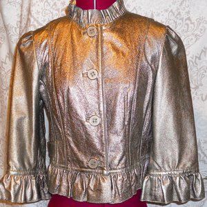 Guess M Metallic Leather Cropped Jacket Ruffled Details
